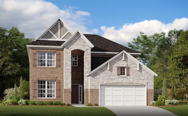 view of front of property with stone siding, a garage, brick siding, a front yard, and concrete driveway