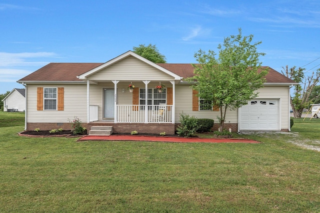 ranch-style house with covered porch, crawl space, a front yard, and a garage
