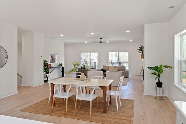 dining space with recessed lighting, light wood finished floors, ceiling fan, and baseboards