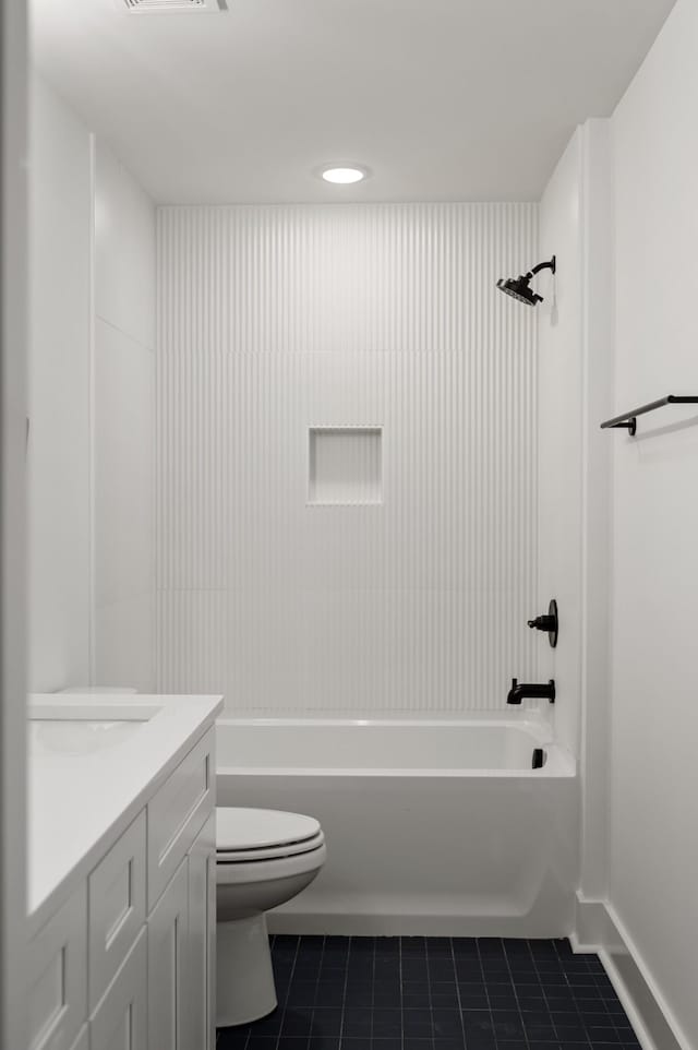 full bath with toilet, tile patterned floors, shower / bath combination, and vanity