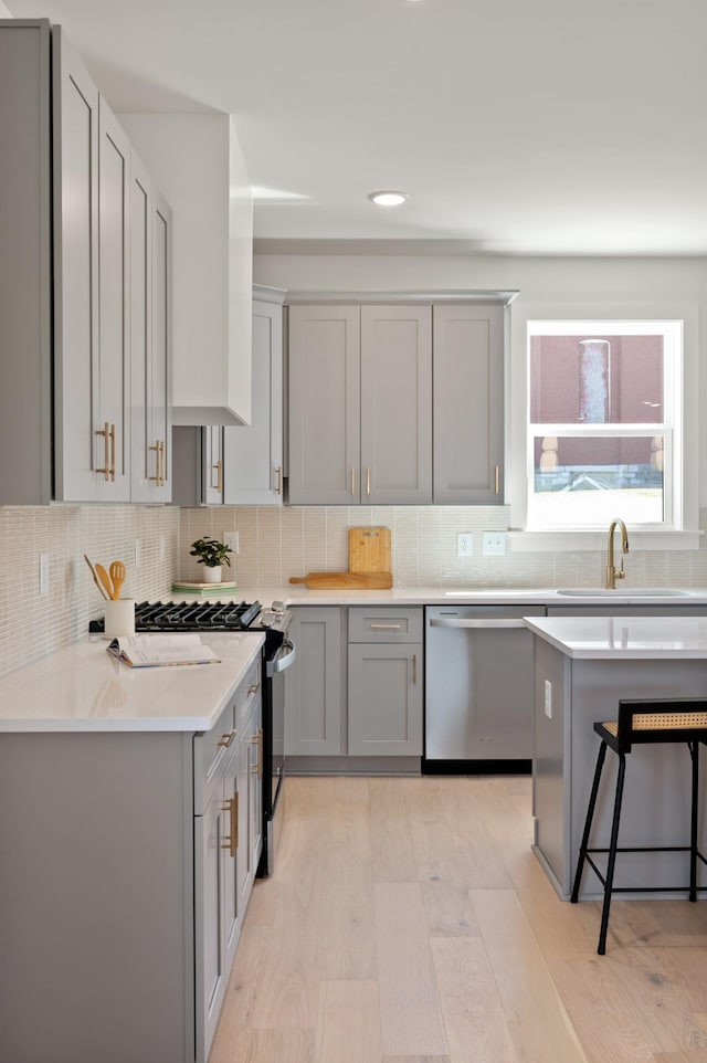 kitchen with a sink, gray cabinets, decorative backsplash, and stainless steel appliances