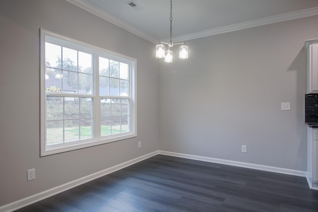 unfurnished dining area featuring crown molding, baseboards, visible vents, and dark wood-style floors