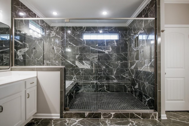 full bathroom featuring vanity, ornamental molding, marble finish floor, and a stall shower