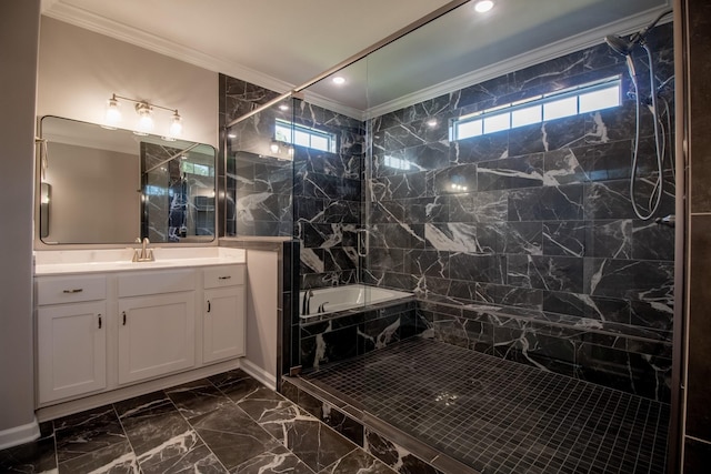 full bathroom featuring a marble finish shower, ornamental molding, a wealth of natural light, and a garden tub