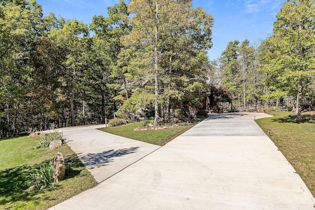 view of community with a lawn and concrete driveway