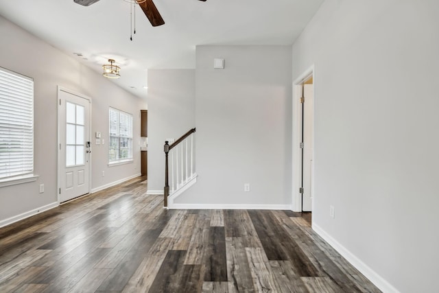 100 Bergen Dr, Spring Hill, TN 37174 - entryway featuring stairway, baseboards, a ceiling fan, and dark wood-type flooring