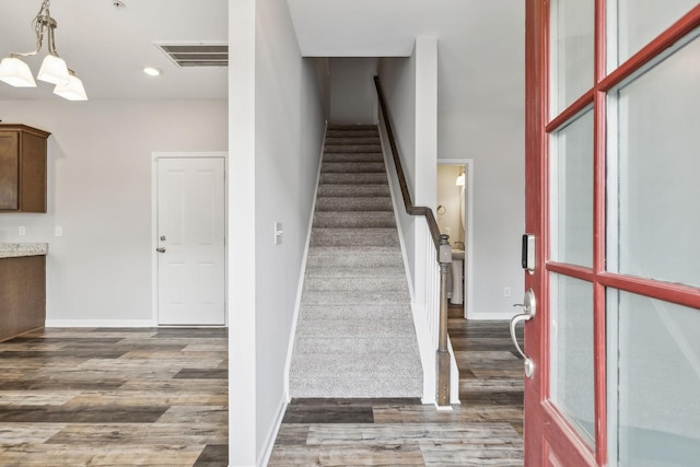 100 Bergen Dr, Spring Hill, TN 37174 - stairway featuring baseboards, recessed lighting, wood finished floors, and visible vents