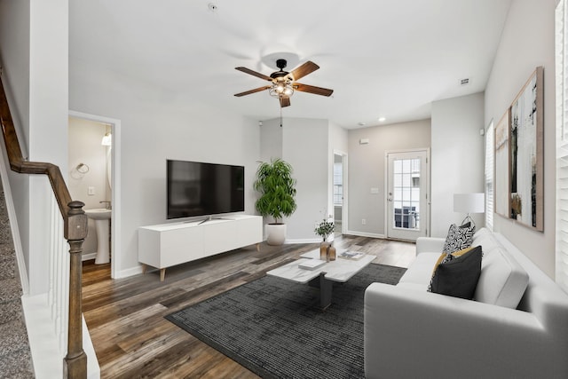 100 Bergen Dr, Spring Hill, TN 37174 - living area with a ceiling fan, baseboards, wood finished floors, and stairway