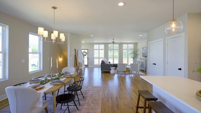 803 Arbor Trace Cir, Nashville, TN 37207 - dining area with recessed lighting, wood finished floors, and ceiling fan with notable chandelier
