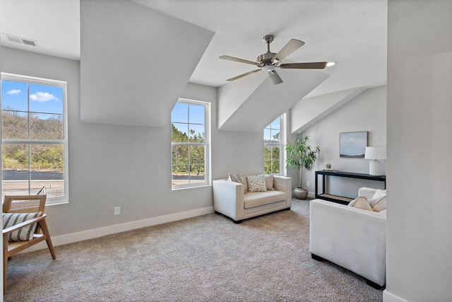 803 Arbor Trace Cir, Nashville, TN 37207 - living area featuring visible vents, lofted ceiling, baseboards, ceiling fan, and carpet flooring