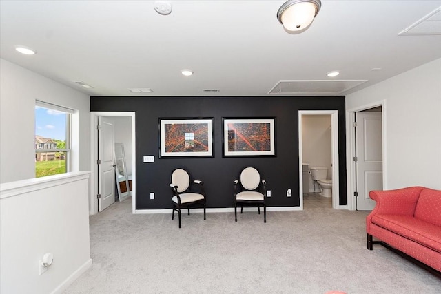 3294 Holiday Ln, Columbia, TN 38401 - living area featuring baseboards, light carpet, attic access, and recessed lighting