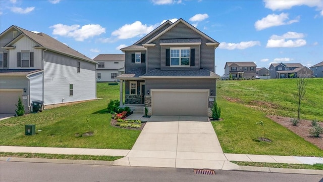 3294 Holiday Ln, Columbia, TN 38401 - craftsman-style house with driveway, a residential view, a garage, a front lawn, and stone siding