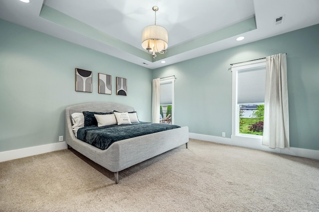 bedroom featuring visible vents, recessed lighting, carpet floors, and multiple windows