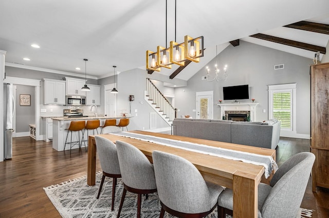 dining room with visible vents, baseboards, beamed ceiling, dark wood-style floors, and recessed lighting