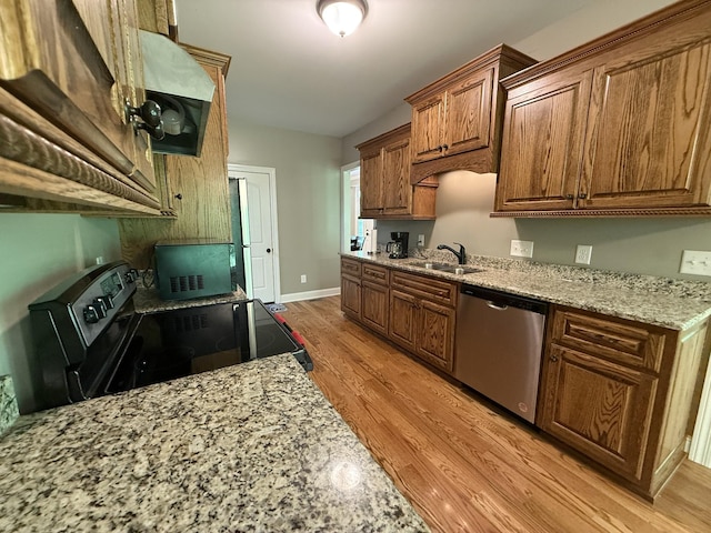 6591 Clear Creek Rd, Pulaski, TN 38478 - kitchen featuring dishwasher, a sink, light wood-type flooring, light stone countertops, and black range with electric cooktop