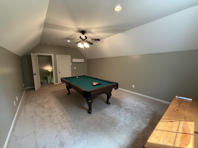 6591 Clear Creek Rd, Pulaski, TN 38478 - rec room with vaulted ceiling, billiards, carpet floors, ceiling fan, and baseboards