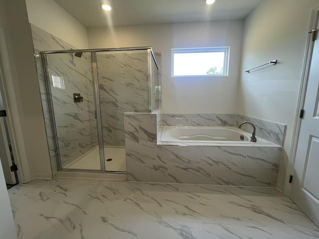 1603 Burlwood Ct, Murfreesboro, TN 37129 - full bath with a bath, a marble finish shower, marble finish flooring, and recessed lighting