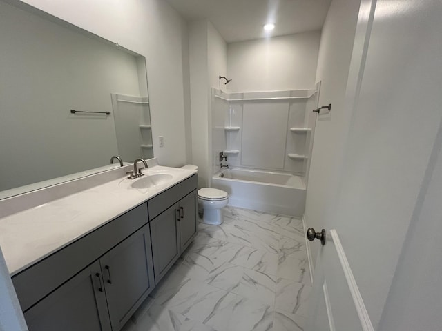 1603 Burlwood Ct, Murfreesboro, TN 37129 - full bath featuring toilet, marble look tile flooring, vanity, shower / tub combination, and recessed lighting