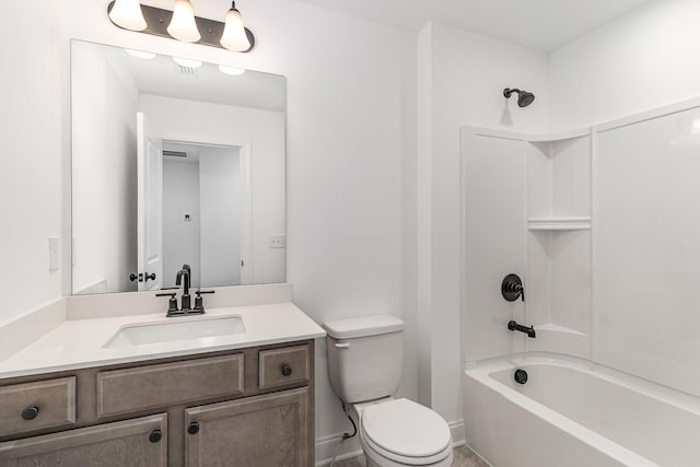 bathroom with vanity, shower / bath combination, visible vents, and toilet