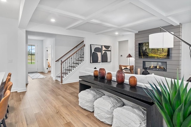 1611 Burlwood Ct, Murfreesboro, TN 37129 - living area featuring baseboards, stairway, recessed lighting, coffered ceiling, and light wood finished floors