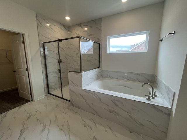 1611 Burlwood Ct, Murfreesboro, TN 37129 - bathroom with a garden tub, marble finish floor, recessed lighting, a spacious closet, and a marble finish shower