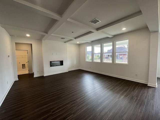 1611 Burlwood Ct, Murfreesboro, TN 37129 - unfurnished living room featuring visible vents, baseboards, dark wood-style floors, a glass covered fireplace, and coffered ceiling