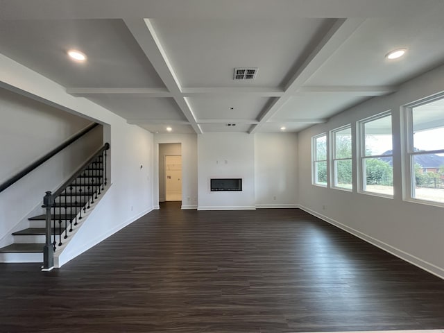 1611 Burlwood Ct, Murfreesboro, TN 37129 - unfurnished living room featuring baseboards, stairs, dark wood-style floors, and coffered ceiling