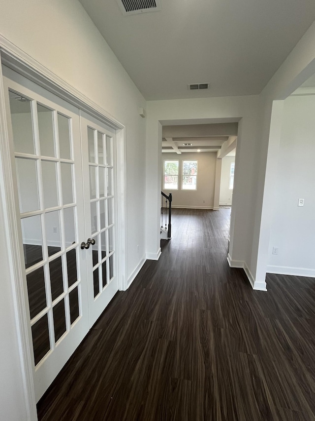 1611 Burlwood Ct, Murfreesboro, TN 37129 - hallway featuring baseboards, visible vents, french doors, and dark wood-type flooring