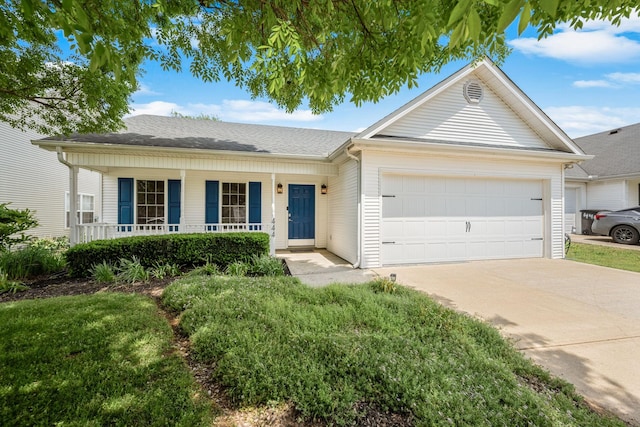 ranch-style house featuring an attached garage, covered porch, and concrete driveway