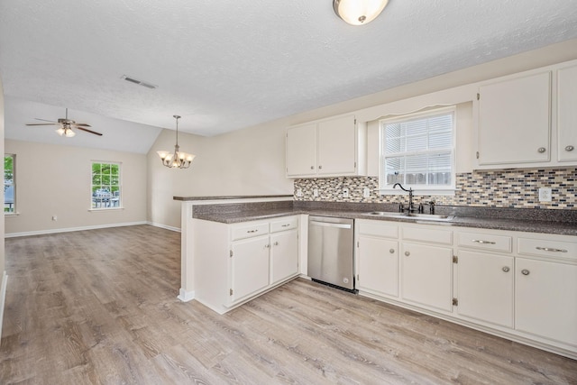 kitchen featuring decorative backsplash, light wood-type flooring, a sink, and dishwasher