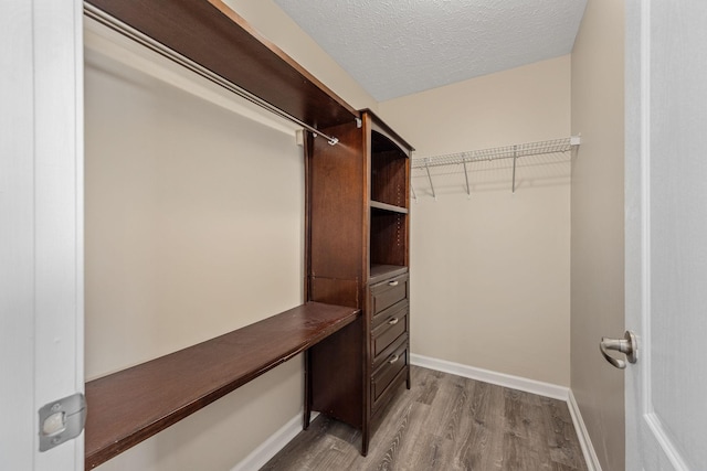spacious closet featuring built in desk and wood finished floors