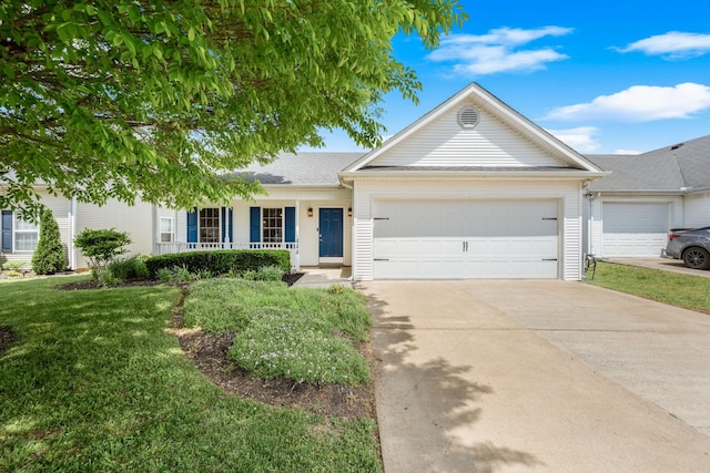 ranch-style home featuring a porch, a garage, a front yard, and concrete driveway