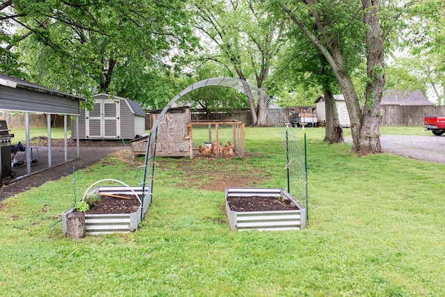 view of yard featuring fence, an outbuilding, a garden, and a shed