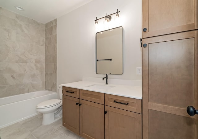 bathroom with toilet, shower / washtub combination, tile patterned flooring, and vanity