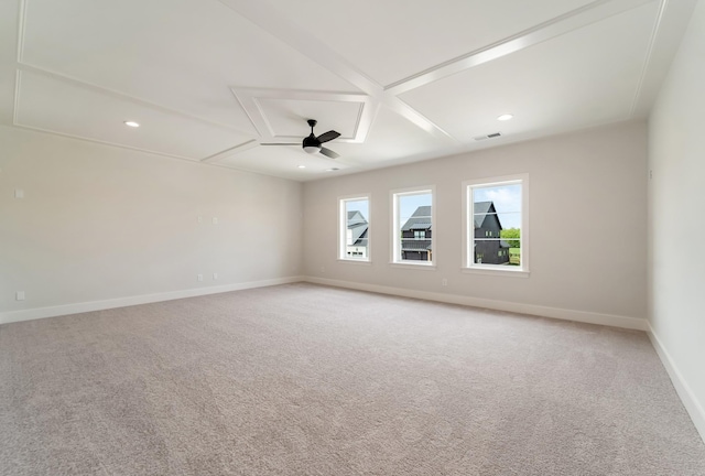 empty room featuring visible vents, light carpet, baseboards, attic access, and recessed lighting