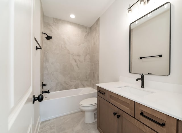 full bath featuring recessed lighting, vanity, shower / bathing tub combination, and toilet
