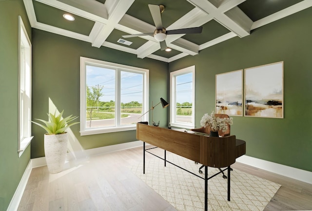 office area featuring plenty of natural light, coffered ceiling, and beamed ceiling