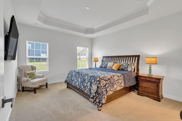 3012 Manchester Dr, Spring Hill, TN 37174 - bedroom with crown molding, light carpet, baseboards, a tray ceiling, and visible vents