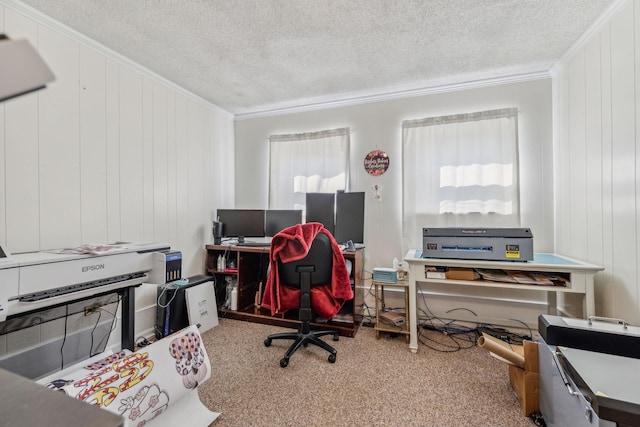 635 Cane Creek Rd, Hohenwald, TN 38462 - carpeted home office featuring ornamental molding and a textured ceiling