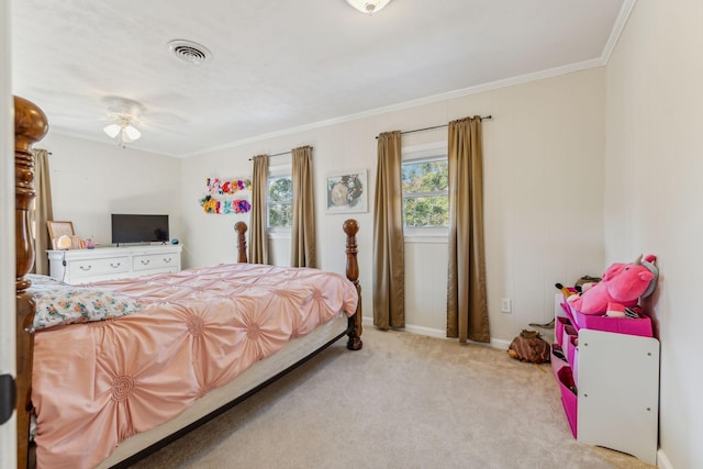 635 Cane Creek Rd, Hohenwald, TN 38462 - bedroom featuring visible vents, baseboards, crown molding, and light colored carpet