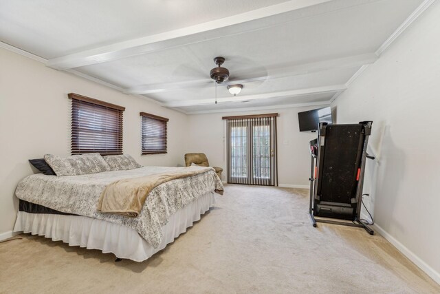 635 Cane Creek Rd, Hohenwald, TN 38462 - bedroom featuring baseboards, ceiling fan, light carpet, and beam ceiling