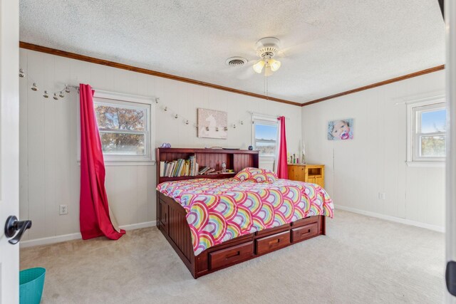 635 Cane Creek Rd, Hohenwald, TN 38462 - bedroom featuring crown molding, ceiling fan, a textured ceiling, carpet, and visible vents