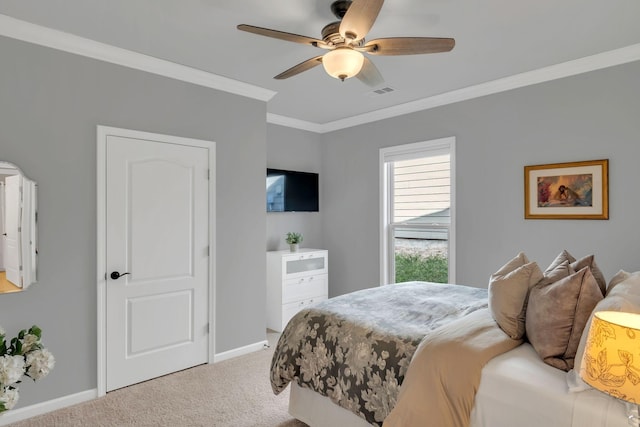 bedroom with visible vents, ornamental molding, light carpet, baseboards, and ceiling fan
