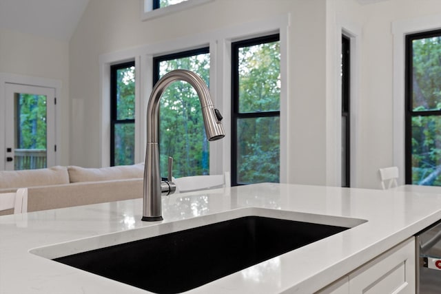 interior details with light stone counters, a sink, white cabinets, and stainless steel dishwasher