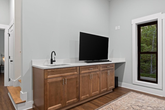 bar featuring a sink, baseboards, and dark wood-type flooring