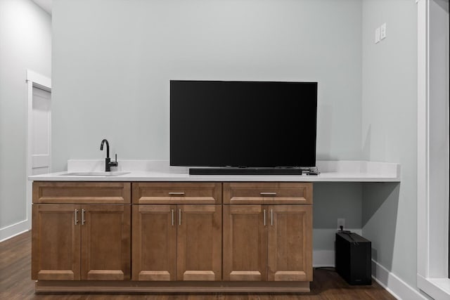 interior space featuring baseboards, a sink, and dark wood finished floors