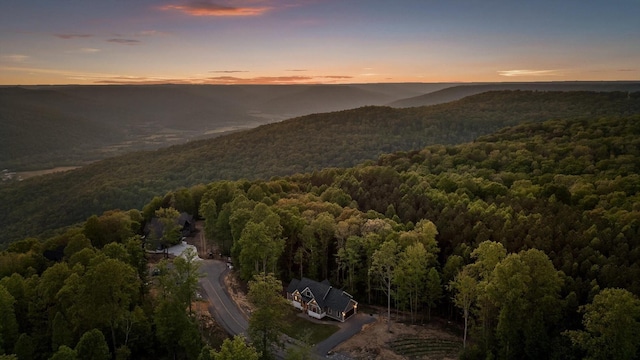 aerial view at dusk with a view of trees and a mountain view