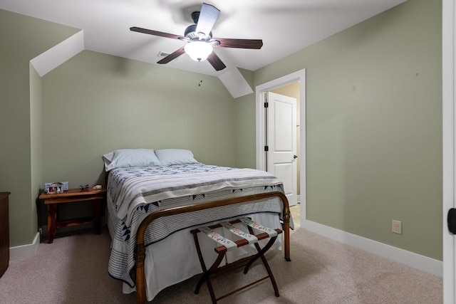carpeted bedroom featuring baseboards, ceiling fan, and visible vents