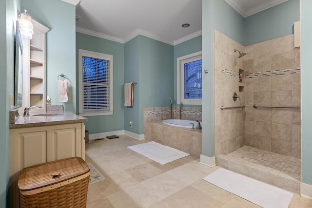 full bath featuring crown molding, a tile shower, vanity, baseboards, and a garden tub