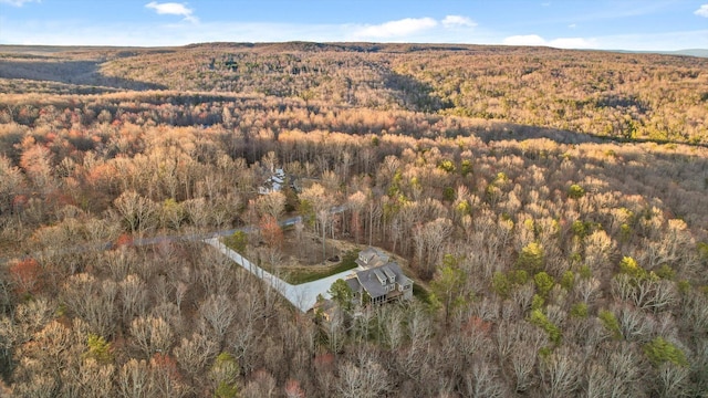 drone / aerial view with a wooded view